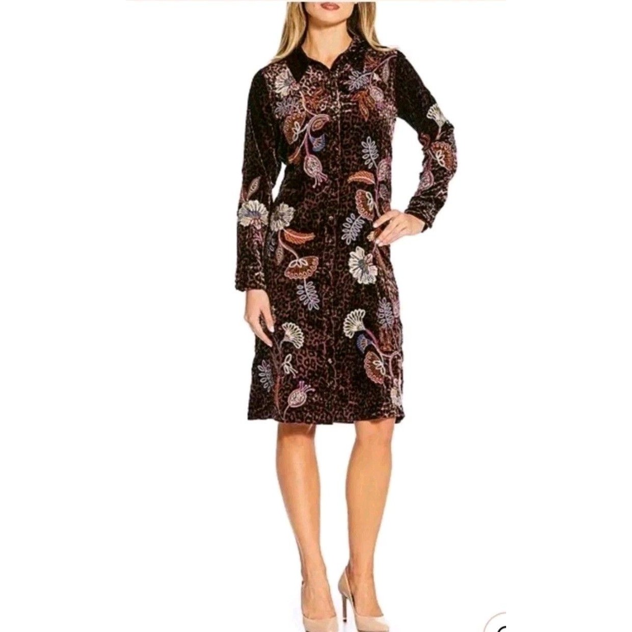 Johnny Was Gineva Embroidered Floral Velvet Button Down Shirt Dress Size Small — image 3 of 8